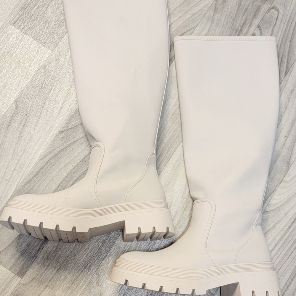 Ivory Faux Leather Rubber Knee-high Combat Boots